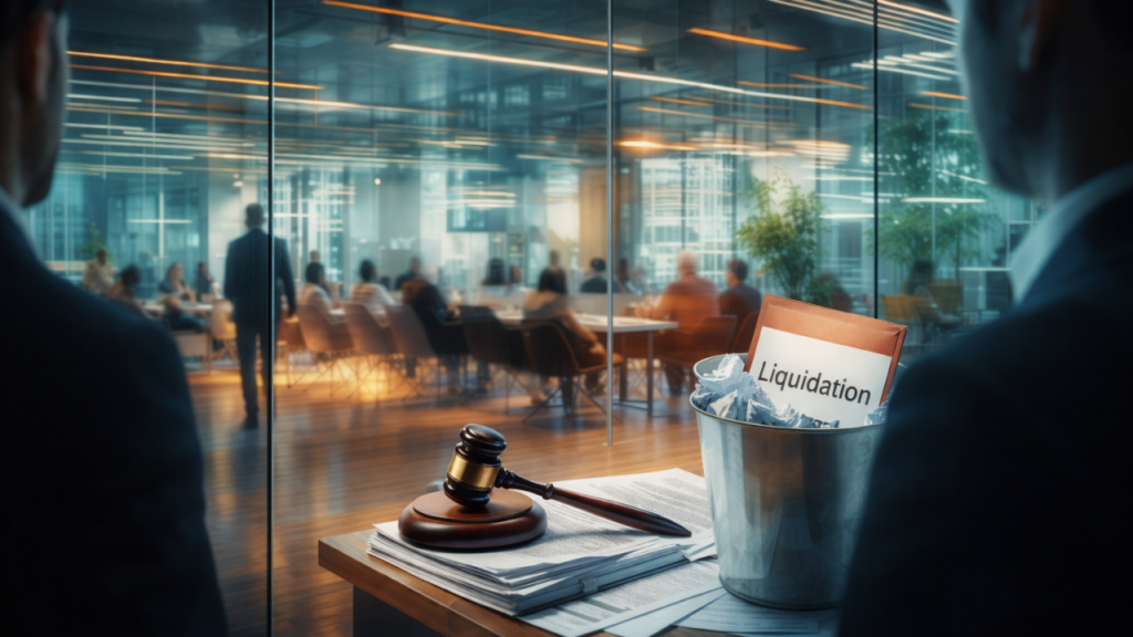 Corporate boardroom meeting with a judge’s gavel and legal documents on a desk, and a file labeled ‘Liquidation’ in a trash bin, representing corporate liquidation, insolvency proceedings, and business financial distress.